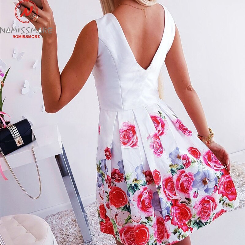 Women Summer Flower Printed A-Line Dress O-Neck/V-Neck Sleeveless Mini Dress Elegant Lady Steetwear Party Dress (Without Belt)