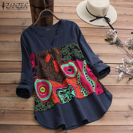 2022 ZANZEA Casual Cotton Blouse Women V Neck Long Sleeve Tunic Tops Autumn Vintage Printed Patchwork Loose Shirts Female Blusas