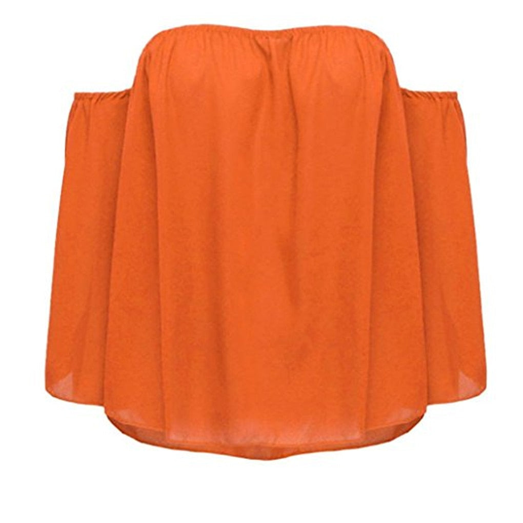 Spring Summer Fashion Stylish Women Off Shoulder Casual Blouse Shirt Tops Strapless Pure Solid Color Bell Puff Sleeve Tops