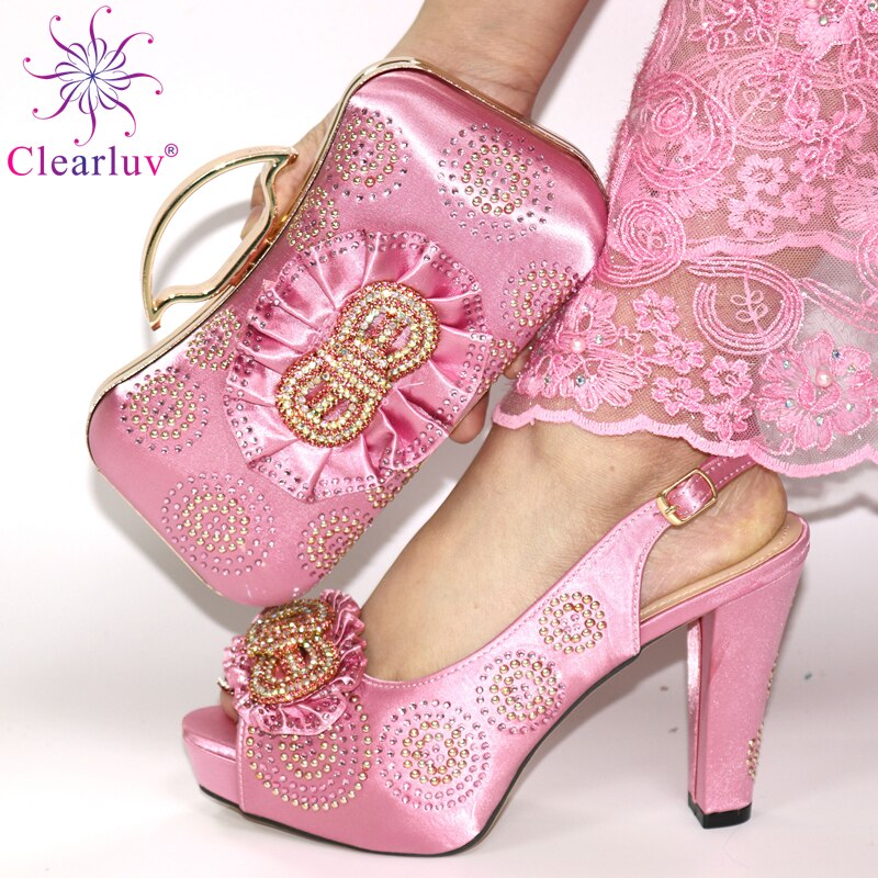 yellow Latest Design African Women Wedding Shoes and Bag Set Decorated with Rhinestone Luxury Shoes Women Party Pumps