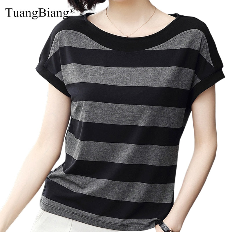 Cotton Black Striped Women Summer Loose T-Shirts 2022 Female Plus Size Short Sleeve Casual O-Neck Modal T Shirt Ladies Soft Tops