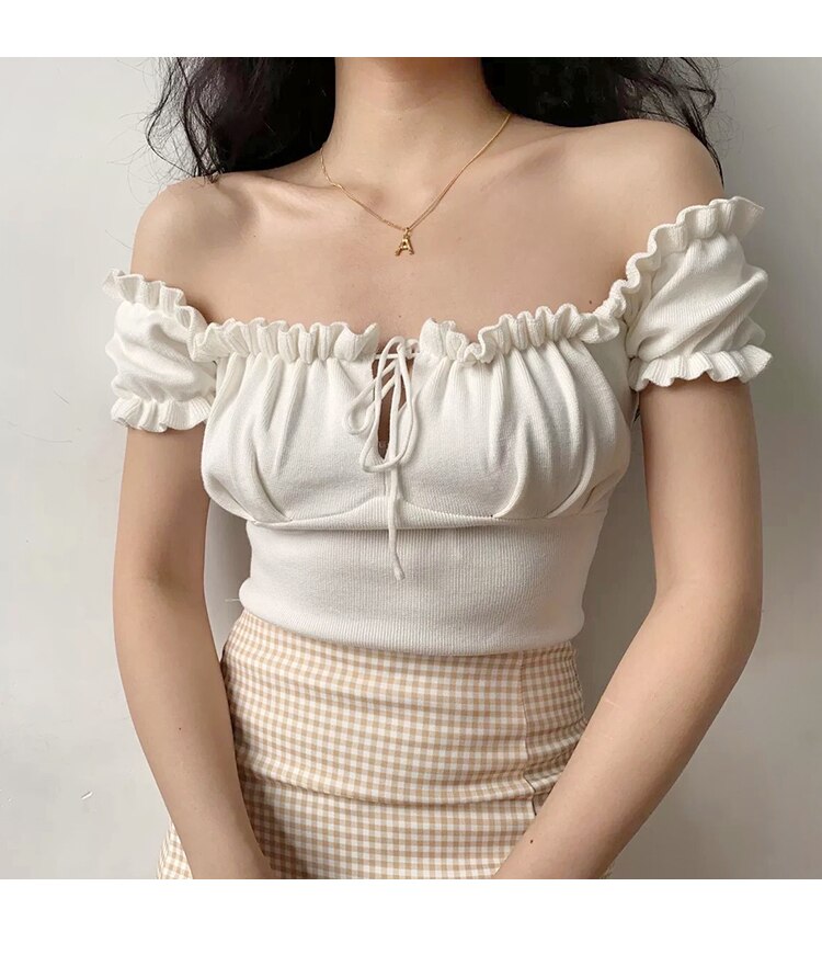 HELIAR Women Knitted Tops Drawstring Ruffles Crop Tees Crop Top Women Off Shoulder Tees Female Y2K Tops For Women 2021 Summer