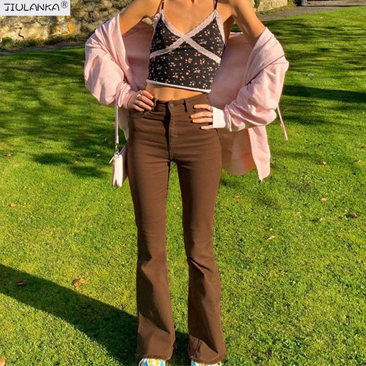 Women's stretch Flared brown jeans woman high waist black Jeans brown Pants undefined Women's pants Jean women clothing trousers