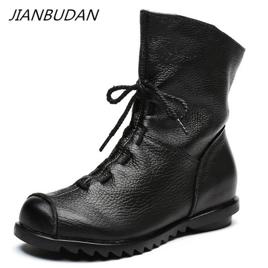 JIANBUDAN/ Genuine Leather Plush women's short Boots Retro Casual Autumn Winter Women's Boots Waterproof leather warm Snow boots