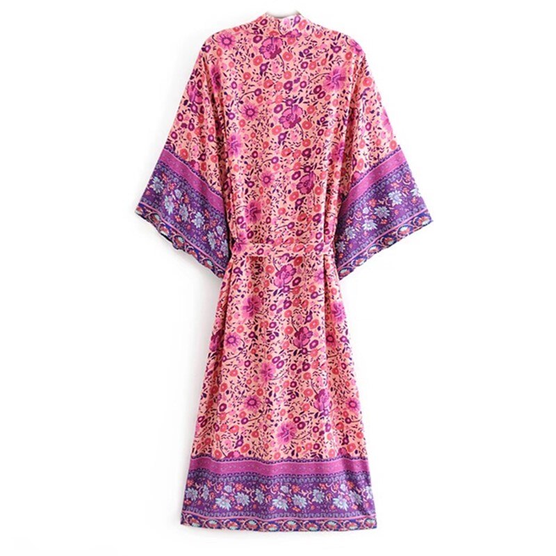 2020 BOHO Fuchsia Floral Print Long Kimono Shirt Hippie Women Lacing up Tie Bow Sashes Long Cardigan Loose Blouse Tops Holiday