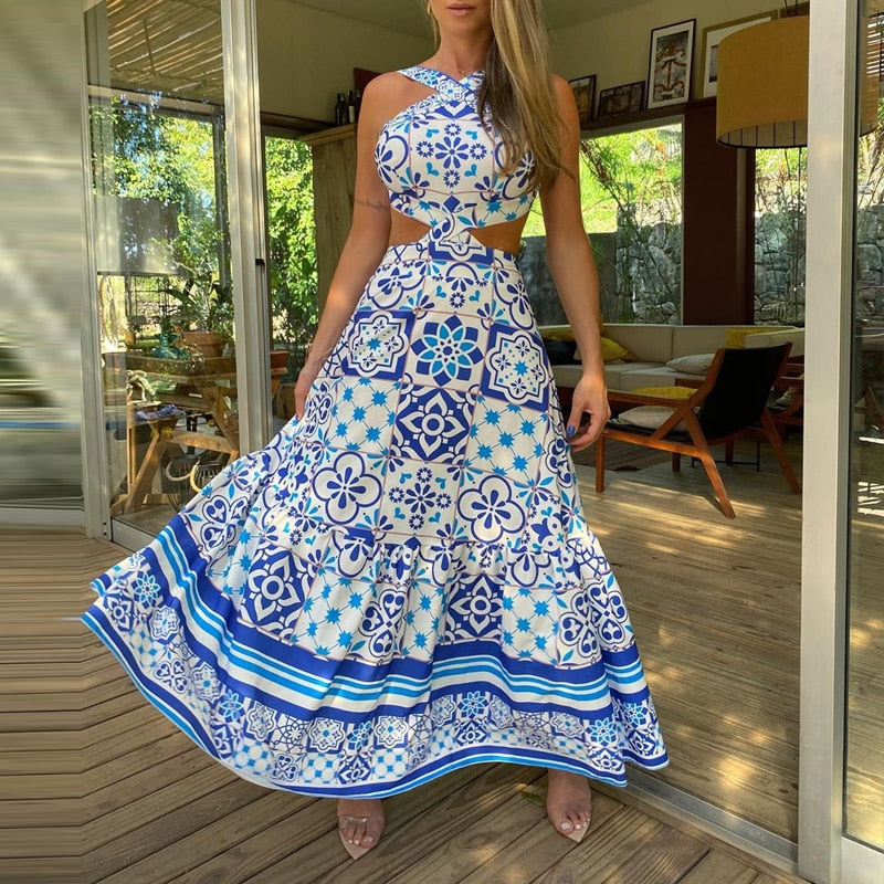Vintage Printed Dresses Summer 2020 Women Sleeveless Halter Sexy Long Dress A-Line Elegant Woman Pary Dress