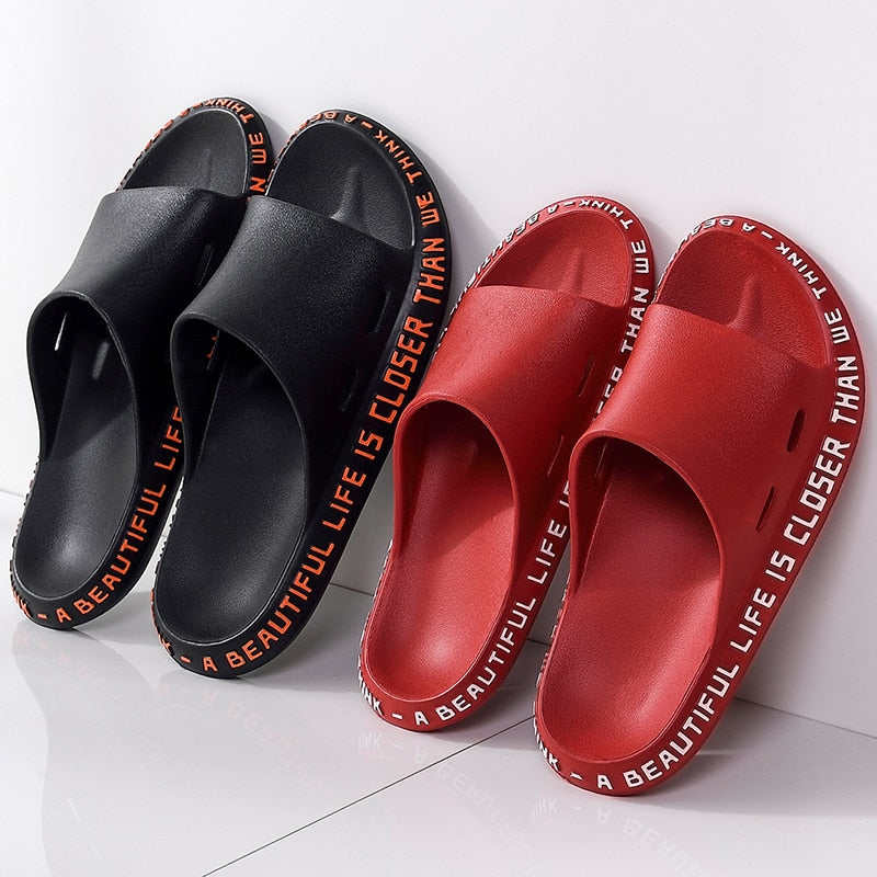 Summer Women Men Slippers Beach Slide Sandals Cute Words Alphabet Non-Slip Soft Sole Couple Ladies Home Outdoor Bathroom Shoes
