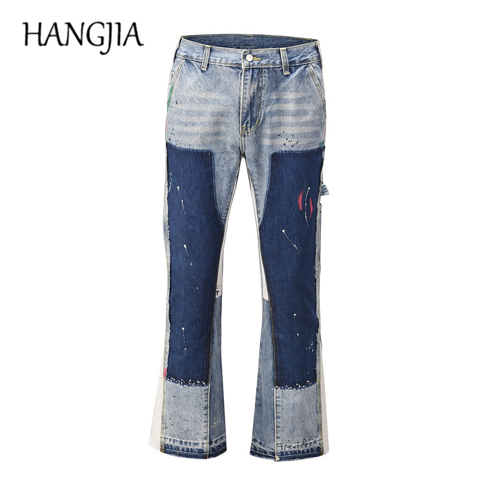 Distressed Splash Ink Flare Jeans Urban Streetwear Patch Mens Graffiti Flared Jeans Hip Hop Washed Blue Slim Fit Denim Pants Men