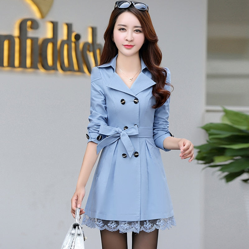 Women&#39;s Coat Spring 2022 Streetwear Trench Overcoat Turn-down Collar Slim Fit Double Breasted Lace Long Female Jacket Clothes