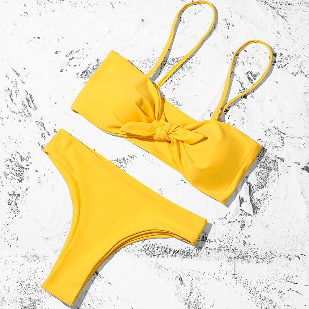 ZTVitality Sexy Solid Bow Bikinis Push Up Bikini 2021 Straps Padded Low Waist Swimsuit Bandage Swimwear Women Brazilian Biquini