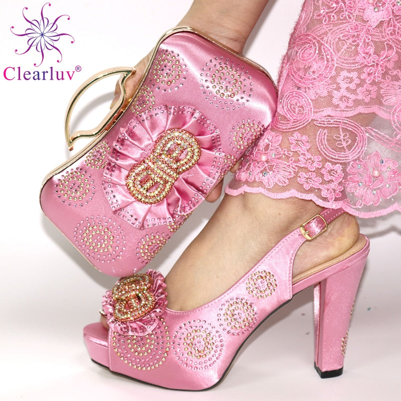 yellow Latest Design African Women Wedding Shoes and Bag Set Decorated with Rhinestone Luxury Shoes Women Party Pumps
