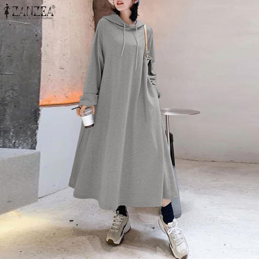 2022 Autumn Long Sweatshirts Dress ZANZEA Casual Solid Hooded Sundress Women Hoodies Long Sleeve Vestido Female Robe
