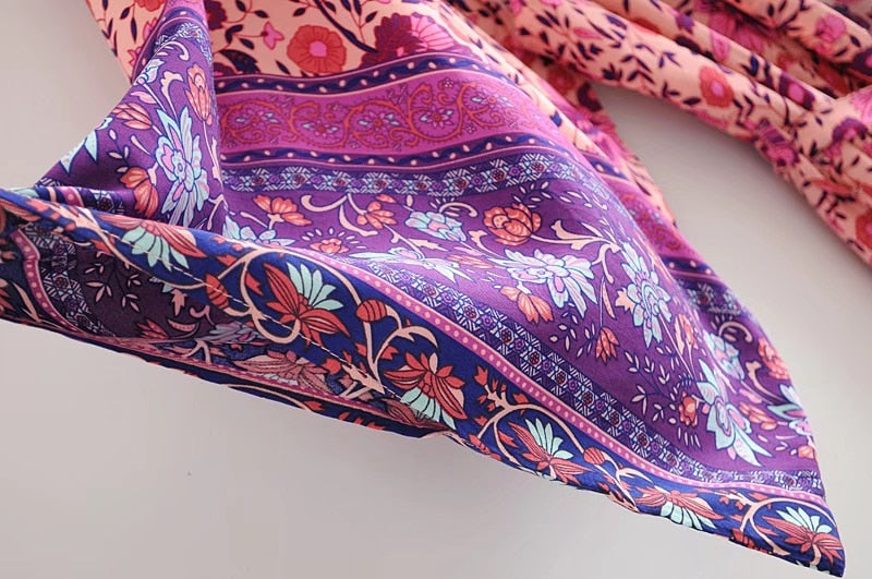 2020 BOHO Fuchsia Floral Print Long Kimono Shirt Hippie Women Lacing up Tie Bow Sashes Long Cardigan Loose Blouse Tops Holiday