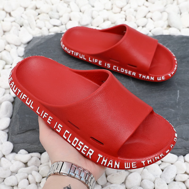 Summer Women Men Slippers Beach Slide Sandals Cute Words Alphabet Non-Slip Soft Sole Couple Ladies Home Outdoor Bathroom Shoes