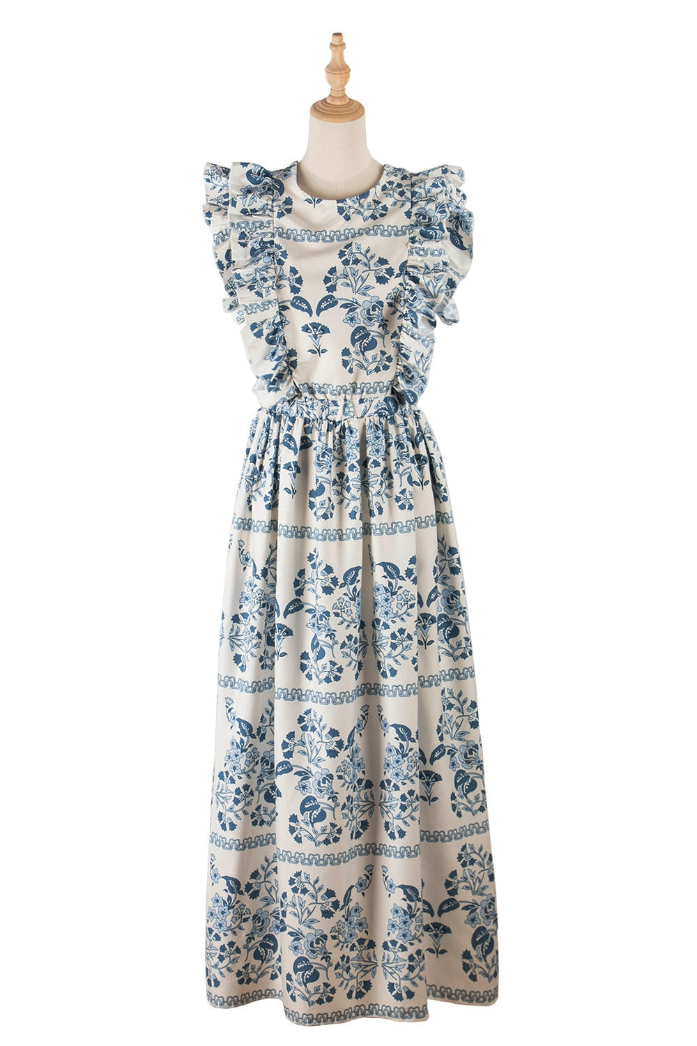 White Summer Sleeveless Women Floral Print Long Dress O Neck Backless Ruffles Robe Ladies Elegant Swing Maxi Party Dresses 2021