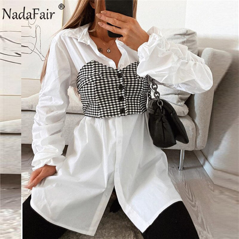 Nadafair Plaid Women's Dress Casual 2021 A-Line PU Leather Patchwork Long Sleeve Vestidos Party Elegant Short Mini Dress Women