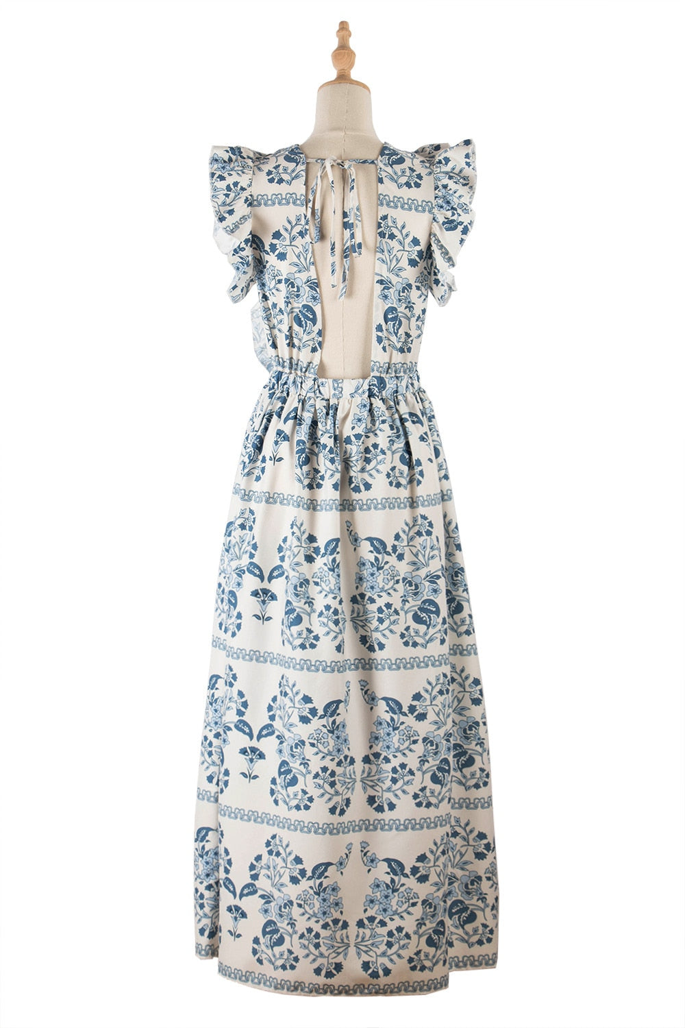 White Summer Sleeveless Women Floral Print Long Dress O Neck Backless Ruffles Robe Ladies Elegant Swing Maxi Party Dresses 2021