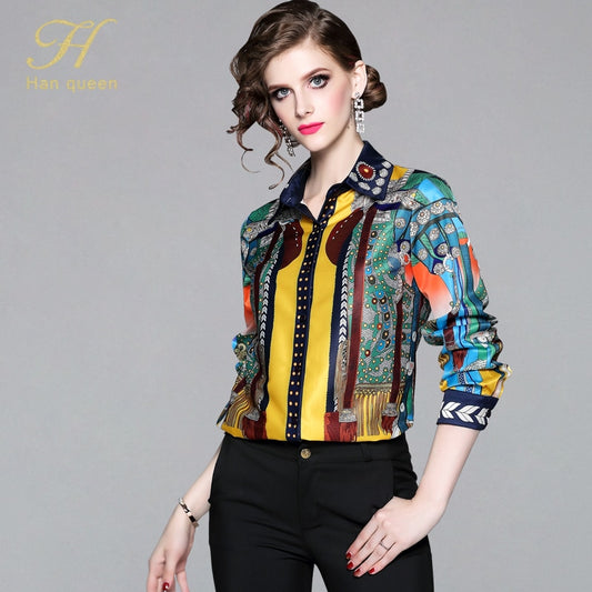 H Han Queen Office Lady Blusa Turn-down Collar Vintage Print Tops New Elegant Chiffon Women Blouses Long Sleeve Casual Shirts