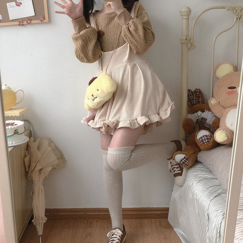 Solid Corduroy Playsuits Women Ruffles Loose Spring Korean Style Ulzzang Kawaii Harajuku Leisure Soft Female Rompers Popular Ins