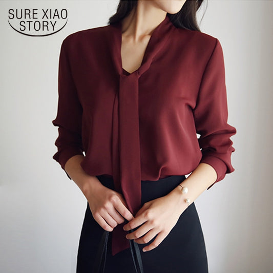 2022 autumn women clothing long sleeve bow tie women shirts Korean loose chiffon blouse shirt women solid color blouse 699C 30