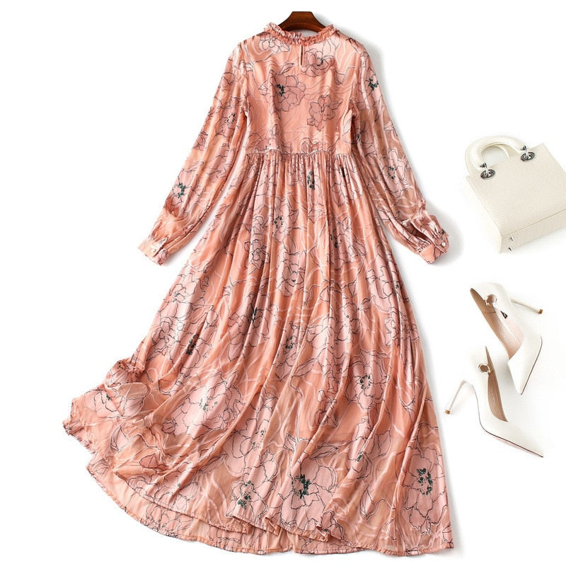 silk dress autumn 2019 new stitching lace dress long sleeve print fit and flare long dresses