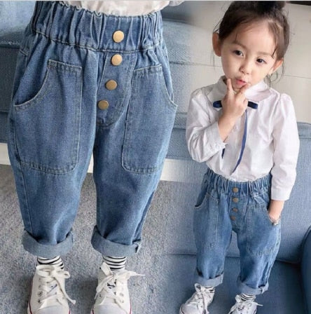 Spring Baby Girls Jeans Kids Clothes Cotton Loose Comfortable Long Denim Pants Elasticated Waist Casual Jeans For Girls 2-8Y