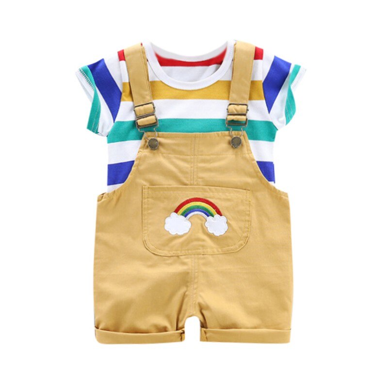 Toddler Baby Boy Clothing Summer Clothes Set Infant Girls Outfits Rainbow Stripe T-shirt+Suspenders Pants Kids Tracksuit Suits