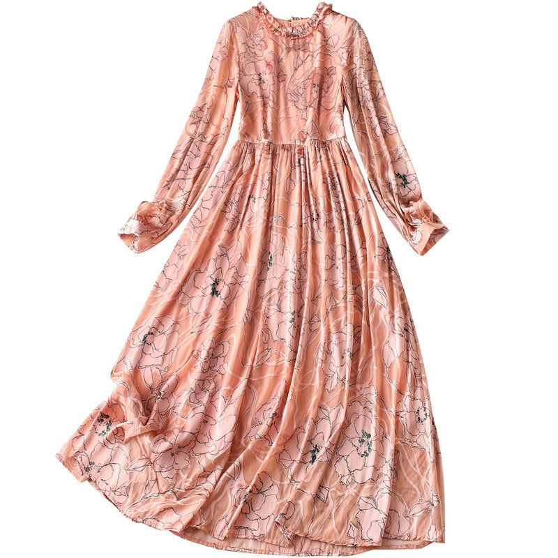silk dress autumn 2019 new stitching lace dress long sleeve print fit and flare long dresses