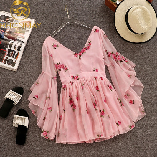 2020 New Fashion Summer Women's Sweet V Collar Flowers Embroidered Pink Chiffon Dress Slim Flare Sleeve Girls Short Dresses