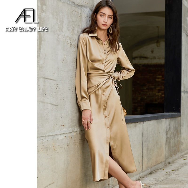 AEL lace up satin robe dress casual loose ladies Single breasted long shirt dress