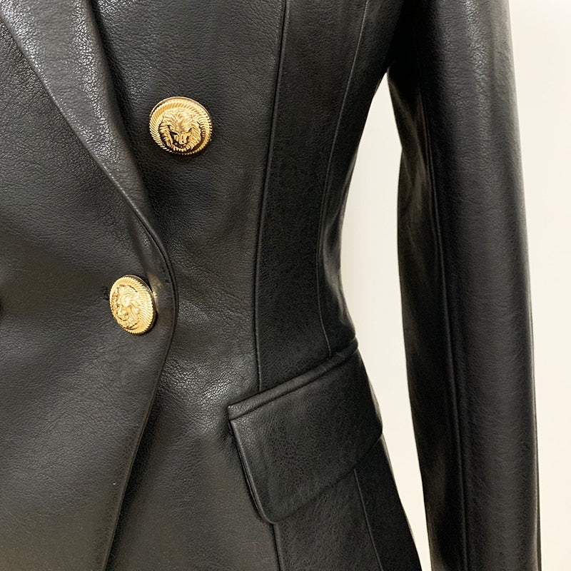 Newest Fall Winter 2022 Designer Blazer Jacket Women&#39;s Lion Metal Buttons Double Breasted Synthetic Leather Blazer Overcoat