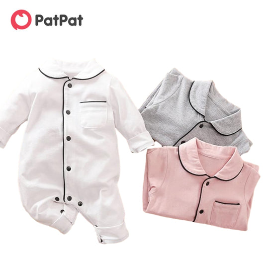 PatPat New Spring Autumn Baby Boy Girl Newborn Cotton Solid Polo Collar Cardigan Pocket Design Long-sleeve Jumpsuit