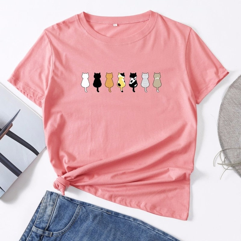 Cotton Summer Women T Shirt S-5XL Versatile Cute Cats Print Short Sleeve Ladies Basic Tees Top Casual O-Neck Female Woman TShirt
