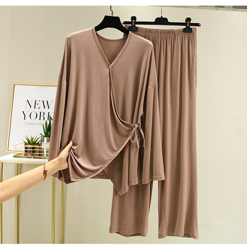 Fdfklak 2 Piece Set Pink/Gray Home Suit For Women Modal Home Cloth Loose Women&#39;s Pajamas Set Female Homewear Suit 2020 New