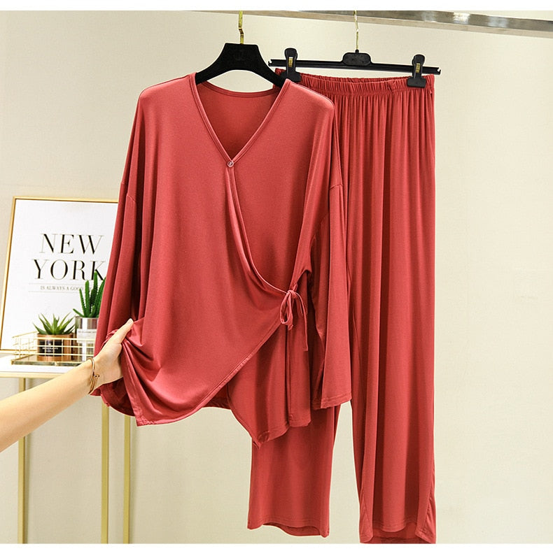 Fdfklak 2 Piece Set Pink/Gray Home Suit For Women Modal Home Cloth Loose Women&#39;s Pajamas Set Female Homewear Suit 2020 New