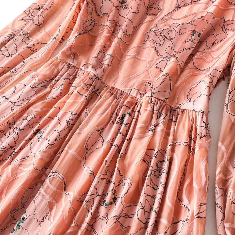 silk dress autumn 2019 new stitching lace dress long sleeve print fit and flare long dresses