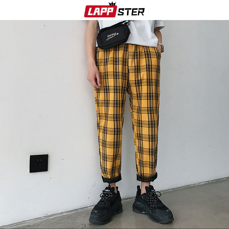 LAPPSTER Streetwear Yellow Plaid Pants Men Joggers 2021 Man Casual Straight Harem Pants Men Korean Hip Hop Track Pants Plus Size