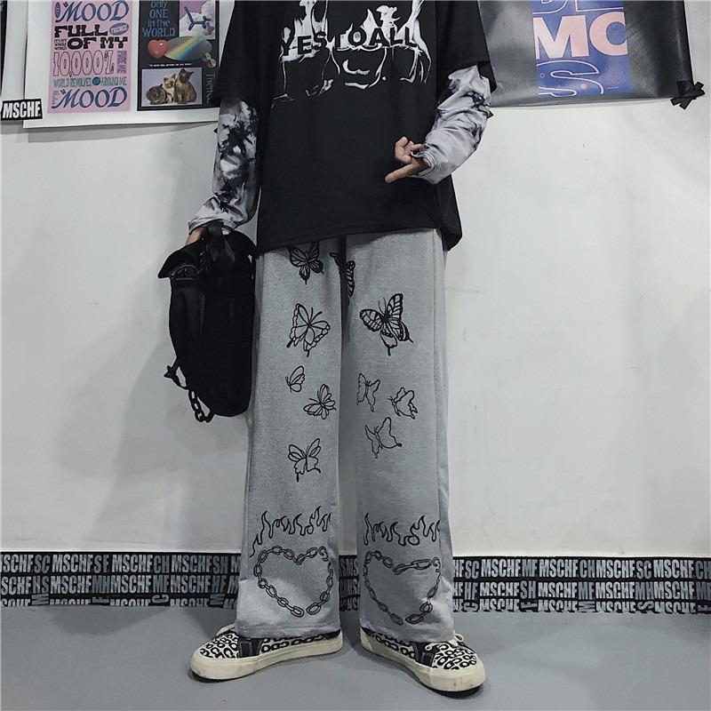 HOUZHOU Vintage Wide Leg Pants Winter Fashion 2020 Harajuku Print Trousers Women Loose Casual Korean Style High Waist Pants