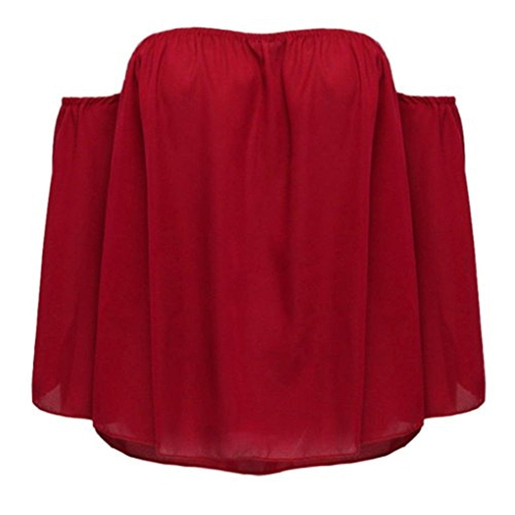 Spring Summer Fashion Stylish Women Off Shoulder Casual Blouse Shirt Tops Strapless Pure Solid Color Bell Puff Sleeve Tops