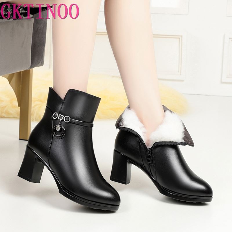 GKTINOO Women's Ankle Boots Winter 2022 New High-heel Ladies Fashion Boots Large Size Wool Warm Women Winter Boots Leather