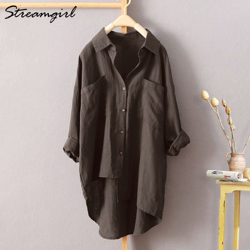 White Linen Shirt Women Long Sleeve Autumn Work Wear White Shirt Linen Blouse Female Women's Blouse Women's Shirts With Pocket