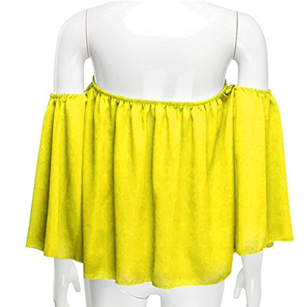 Spring Summer Fashion Stylish Women Off Shoulder Casual Blouse Shirt Tops Strapless Pure Solid Color Bell Puff Sleeve Tops