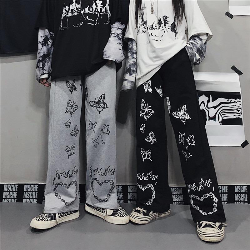HOUZHOU Vintage Wide Leg Pants Winter Fashion 2020 Harajuku Print Trousers Women Loose Casual Korean Style High Waist Pants