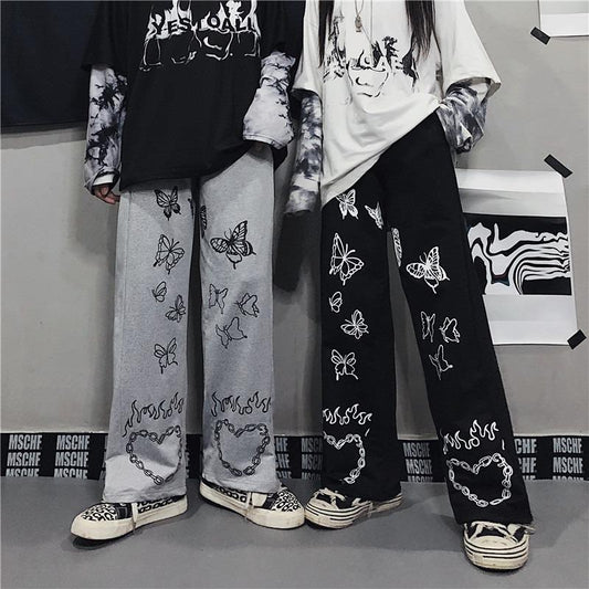 HOUZHOU Vintage Wide Leg Pants Winter Fashion 2020 Harajuku Print Trousers Women Loose Casual Korean Style High Waist Pants