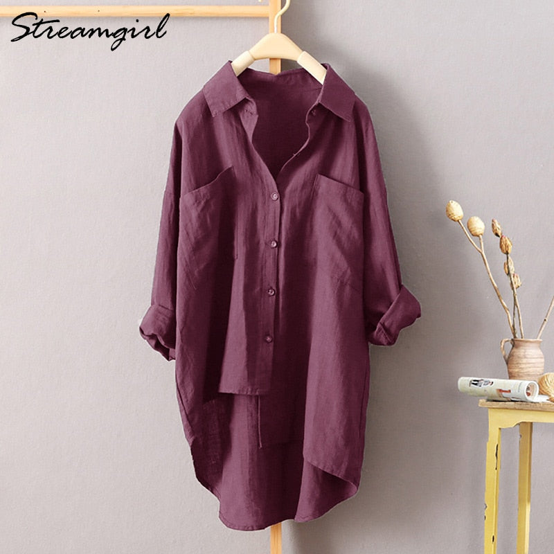 White Linen Shirt Women Long Sleeve Autumn Work Wear White Shirt Linen Blouse Female Women's Blouse Women's Shirts With Pocket