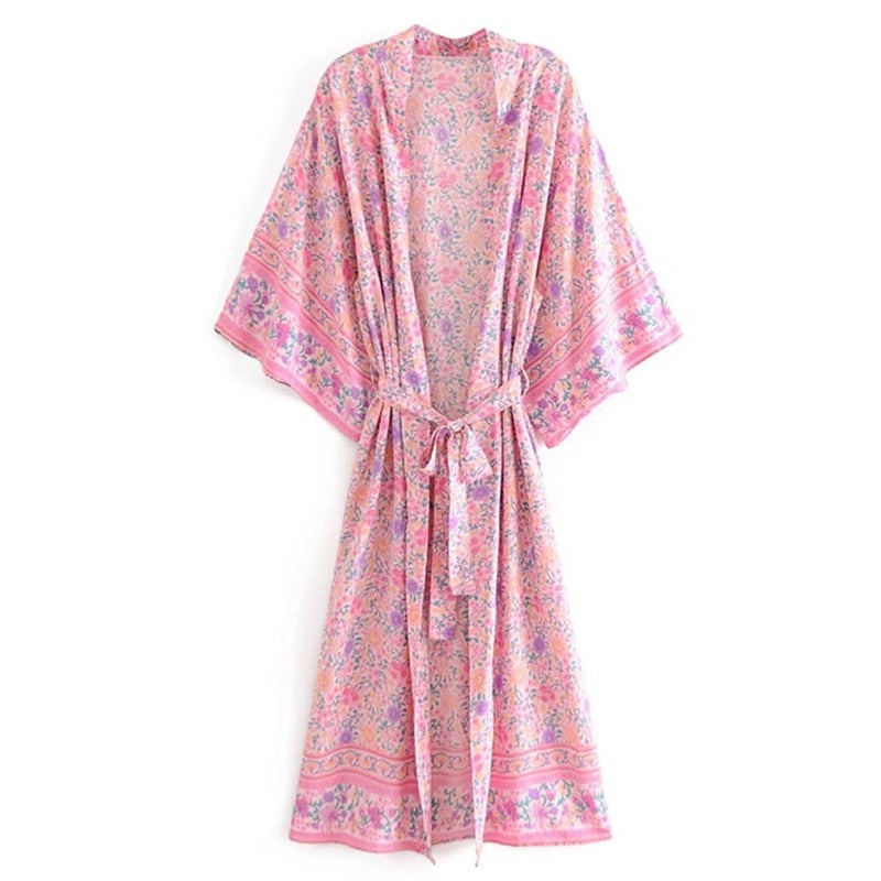 2020 BOHO Fuchsia Floral Print Long Kimono Shirt Hippie Women Lacing up Tie Bow Sashes Long Cardigan Loose Blouse Tops Holiday