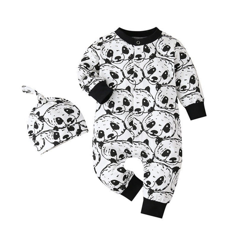 Newborn 2Pcs Baby Boys Rompers Cartoon Panda Pattern Long Sleeve Jumpsuit and Hat Infant  Boy Clothing Autumn Toddler Clothes