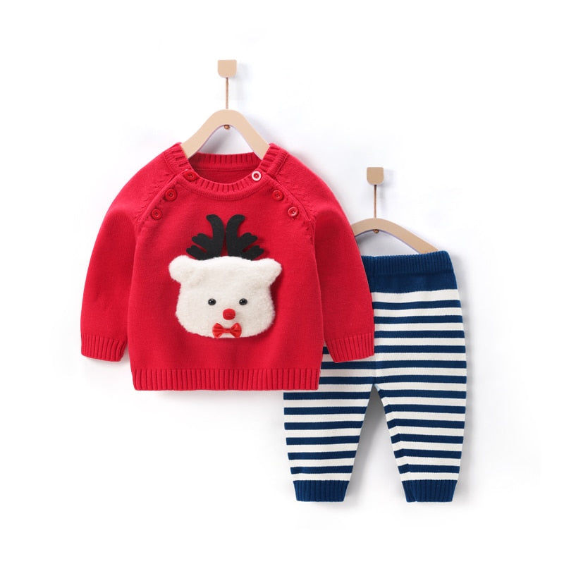 2022 New Autumn Winter Boutique Baby Clothing Sets Lovely Cartoon Pullover Sweater+Striped Pants Infant Boys Girls Sweater Suit