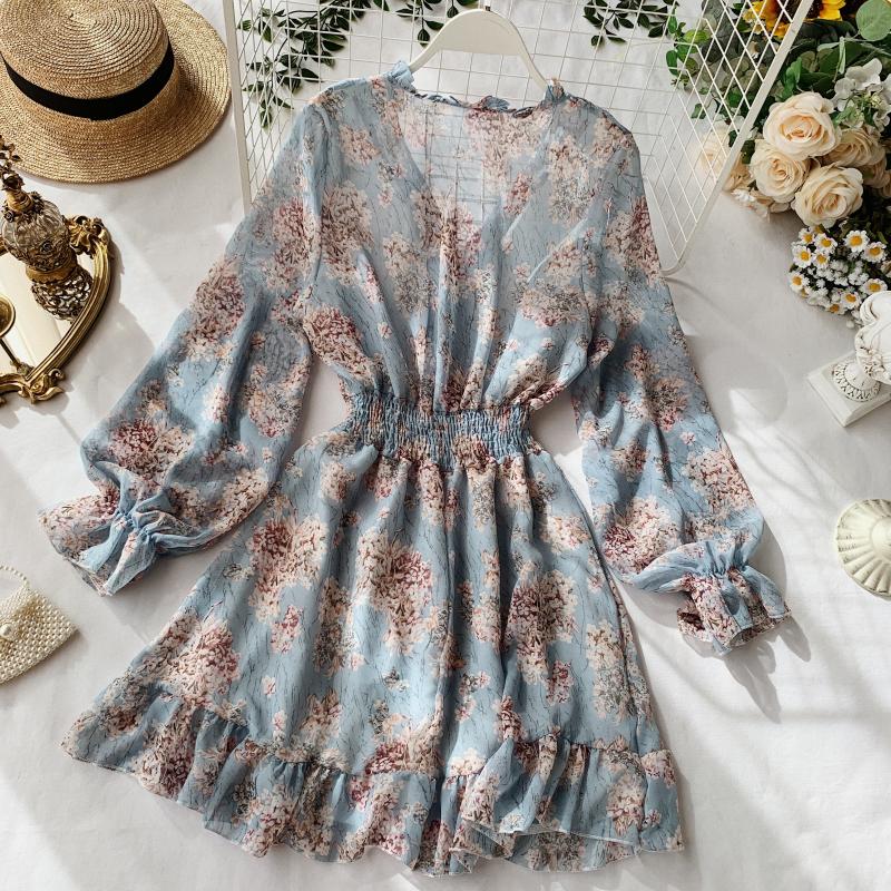 2019 new fashion women&#39;s French dress female temperament V-neck long-sleeved chiffon floral dresses