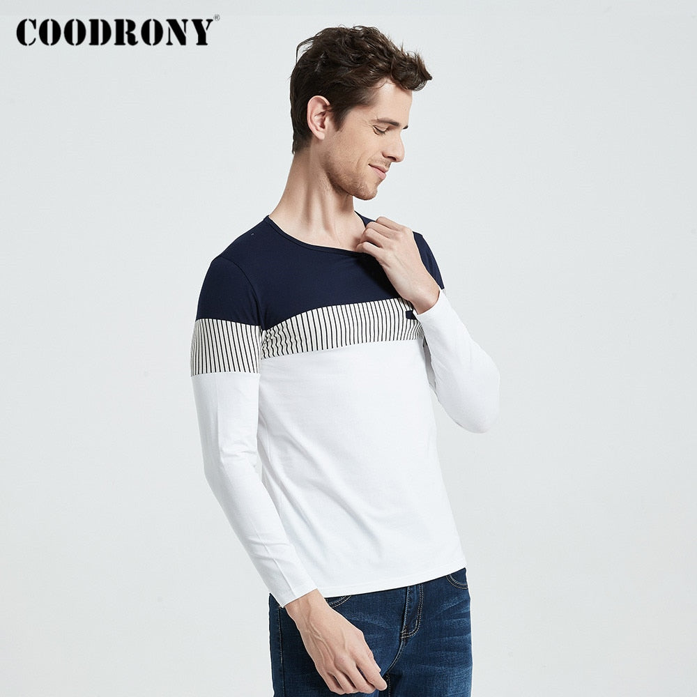 COODRONY T-Shirt Men 2020 Spring Autumn New Long Sleeve O-Neck T Shirt Brand Clothes Fashion Patchwork Pure Cotton Tee Tops 7622